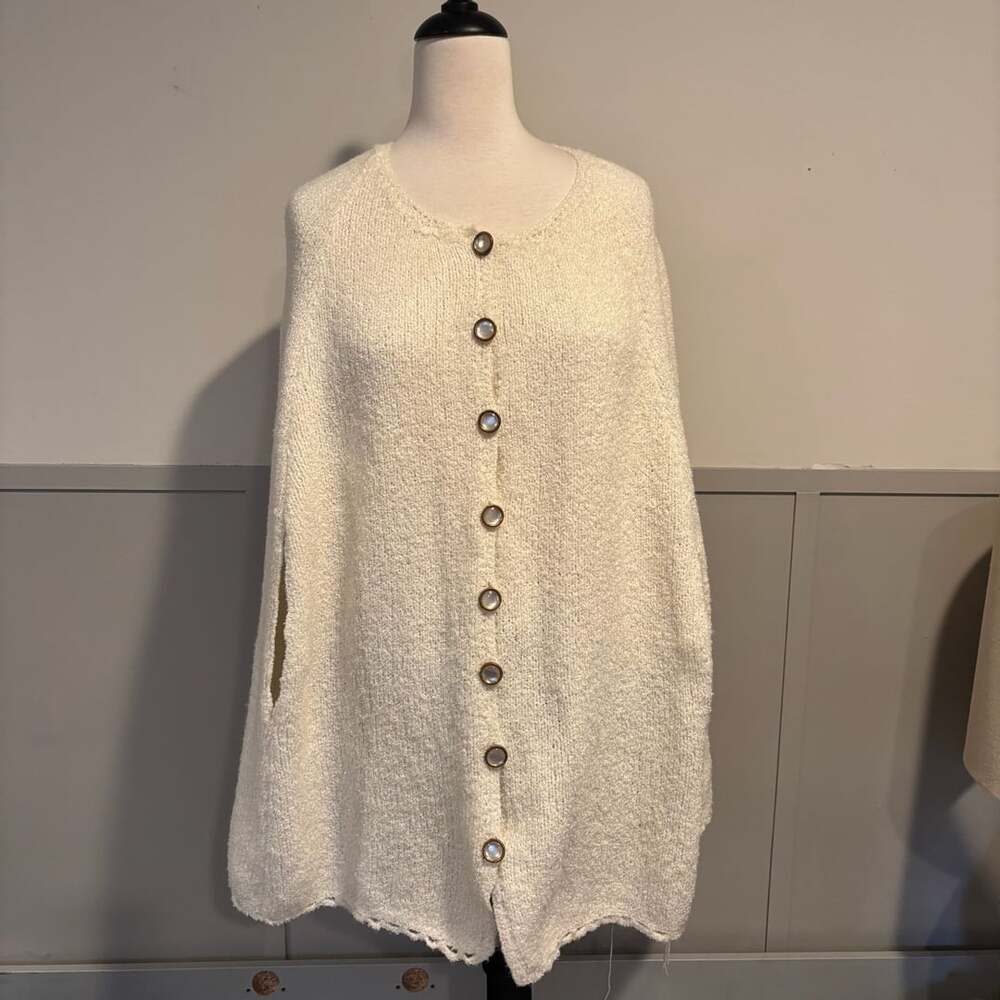 Cream Knit Button-Front Poncho Shawl Cape